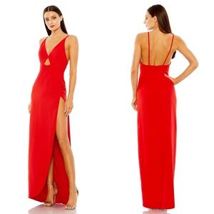 Ieena Mac Duggal Red Thin Strap Cutout V-Neck High Slit Gown Dress 27434 NEW 8